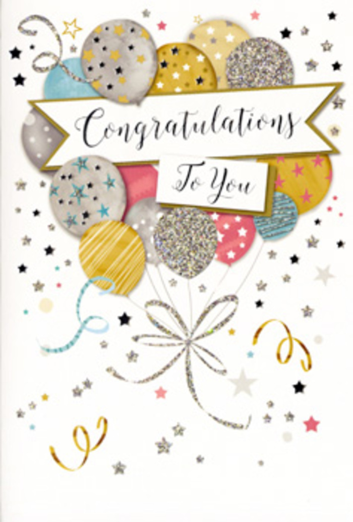 Displayed upright against a simple background, this congratulations card presents a thoughtfully composed scene of celebration that feels perfectly at home in the relaxed, creative charm of Dartmouth Park. The artwork on the front centres around a lush gathering of balloons, arranged like a bouquet rising from the lower edge of the card. The balloons come in a restrained yet luxurious palette: muted gold, pale silver, champagne beige, misty sky blue, soft blush pink, and a refined grey, all softly rounded and slightly overlapping to create depth. Many of them are embellished with intricate details-tiny stars sprinkled across their surfaces, fine glitter accents that suggest a subtle sparkle, and narrow bands or stripes that hint at light reflecting off their curves. Fine metallic strings in gold and silver extend from the base of the cluster, curling and looping like celebratory ribbons tossed into the air at a gathering near Hampstead Heath. These lines lead the eye toward a sweeping banner that crosses the centre of the design. On this banner, the greeting Congratulations To You is written in stylish cursive, the letters elongated and elegant, lending the card a sense of occasion without feeling overly formal. Around the balloons and banner, scattered stars, curly streamers, and specks of confetti float freely, giving a lively, almost weightless energy, as though captured mid-celebration. The background remains soft and understated, allowing the metallic tones and pastel shades to shine without distraction. As a florist used to slipping cards like this alongside fresh bouquets for deliveries across Dartmouth Park, I recognise how the design captures that gentle balance of joy and sophistication-ideal for honouring achievements, marking proud family moments, or sending a warm, uplifting message that feels both personal and stylish.