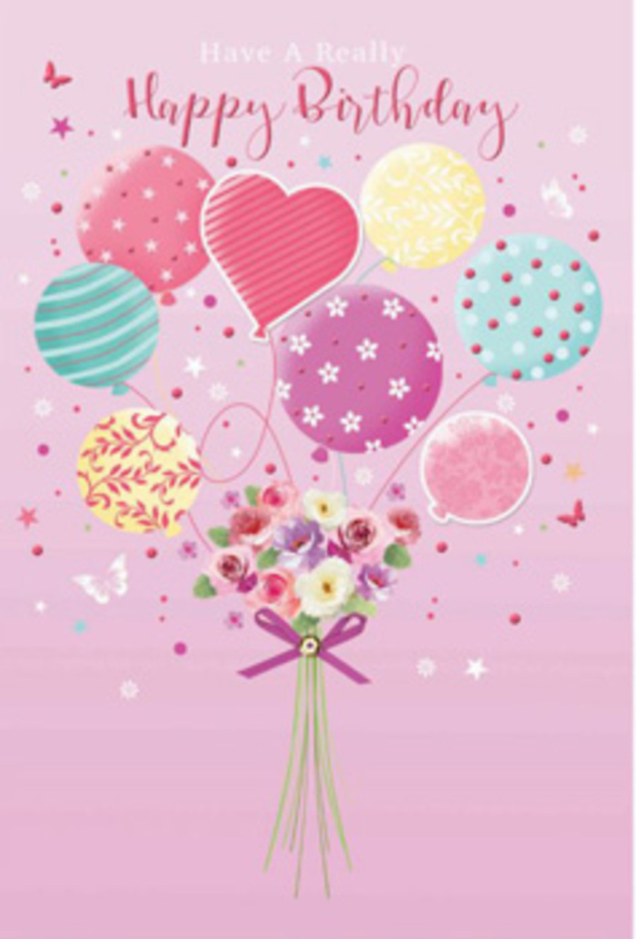 Dreamy birthday greeting illustration showing pastel balloons and a hand-tied bouquet working together to create a floating celebration, depicted with the same sensitivity a local Dartmouth Park florist would bring to a bespoke design. The scene rests on a gentle pink background, smooth and calm like early morning light over Dartmouth Park itself. At the base, a compact posy of blooms gathers gracefully: small roses and daisy-like flowers in tones that blend from warm cream through blush rose to soft lavender. Each petal appears softly shaded, almost velvet to the touch, suggesting the freshness you'd expect from flowers just brought in from a trusted grower. Their slender green stems are gathered neatly and bound with a sparkling purple satin bow, the knot tight and tidy, the ribbon tails curling slightly as if they've just been tied by careful hands. Rising from this bouquet, a cluster of round and heart-shaped balloons floats upward, painted in pastel hues of sea green, pale lemon, powder pink, and lilac. Some are dressed in dancing stripes, others in polka dots that seem to bounce, and a few are adorned with delicate floral and swirl motifs, echoing the garden-like feel of the flowers below. Light glints along the curved edges of the balloons, giving them a gentle gloss as if they are quietly turning in the air above a birthday table in a Dartmouth Park home. Tiny butterflies and stars scatter through the scene, adding a note of fairy-tale wonder. The overall impression is of soft jubilation and heartfelt warmth, perfect for celebrating someone cherished on their birthday within this peaceful corner of North London.