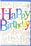 In this image, the birthday card glows with the same vivid spirit you might sense wandering past the independent shops around Dartmouth Park. The central focus is the phrase Happy Birthday, written in bold, open, sans-serif letters that fill the card from side to side. Each letter is individually coloured, moving through a cheerful rainbow spectrum-starting with rich crimson and playful orange, leading into bright lemon yellow, leafy green, cool teal, sky blue, inkier navy, and finally soft violet. The transitions between colours are smooth and slightly blended, so the typography feels like a wash of celebratory light, much like bunting strung above a weekend gathering in the park itself. Sitting behind the main words is a field of finely printed, metallic-gold script that repeats Happy Birthday to you in delicate, flowing lines. This background text is smaller and more cursive, giving an impression of a whispered refrain or a song hummed softly under the main greeting. The gold ink catches the light with a subtle sparkle, more like a gentle twinkle than a heavy glitter, which adds sophistication and depth. Scattered across the design are tiny starbursts and dots in matching multicoloured tones, placed sparingly so they enhance rather than clutter the layout. The card's surface looks smooth and almost satiny, inviting to the touch, while the printed letters appear crisp and slightly raised. Overall, the design communicates pure, happy celebration with a modern twist, ideal to accompany a bright bouquet sent for same-day birthday delivery to a home near Dartmouth Park Road or over towards Gospel Oak.