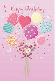 Illustrated birthday scene where a bouquet of pastel balloons and a cluster of delicate flowers combine to create a light, joyful celebration, much like the thoughtful designs prepared for Dartmouth Park birthdays. The artwork is set against a blush-pink backdrop, smooth and even, lending a romantic glow to the entire composition. At the bottom centre, a small, carefully arranged bouquet rests: roses and anemone-style blooms in creamy ivory, blush pink, and muted mauve, their petals looking soft, layered, and freshly unfurled. The stems are pulled together and finished with a rich violet satin bow that sparkles subtly, suggesting the same attention to detail you might see in a hand-tied gift sent along Dartmouth Park Hill or towards Tufnell Park. From the heart of this bouquet, an airy assortment of balloons rises, as if the flowers themselves are lifting in celebration. Each balloon has its own charming character-some decorated with candy-coloured stripes that curve gently around their shape, others dotted with lively polka dots or adorned with floral and swirl motifs. There is a tender heart-shaped balloon near the centre, its pink tones deepening slightly towards the edges, radiating affection and making the composition especially suited to a loved one's birthday. The colours-soft greens, lemon yellow, rose, and lavender-blend harmoniously, with light catching the smooth surfaces to create gentle highlights. Sprinkled stars and tiny butterflies dance around the balloons and blooms, giving the impression of confetti and movement in the air. The mood is airy, sweet, and quietly enchanting, like a birthday morning filled with fresh flowers and warm wishes in Dartmouth Park.