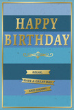 An elegant blue and gold birthday card is shown standing upright, its design balancing soothing calm with a gentle festive sparkle reminiscent of a quiet celebration at home near Dartmouth Park. The card's background is made up of broad, horizontal bands in graduating shades of blue, from deep navy and denim through teal to a lighter, airy blue near the top, creating an ombré effect that feels like watching the evening sky deepen over the rooftops. In the centre, the words HAPPY BIRTHDAY appear in large, uppercase letters pressed in bright gold foil, each letter slightly raised so it catches and reflects light in a soft shimmer, making the greeting the unmistakable focal point. Just below, an ornate, scrolling gold flourish introduces a touch of vintage charm, its loops and curves echoing the delicate lines a calligrapher might draw. Under this flourish lies a trio of slim golden banners, neatly stacked and edged in crisp points like ribbon tails. Each banner carries part of a friendly, reassuring message: Relax, have a great day and enjoy! The gold foil of the text, flourish, and banners contrasts beautifully with the matte, velvety blues, adding both visual and tactile richness. Around the edge of the card, a fine gold line forms a clean border, framing the composition and giving it a refined, gift-ready appearance. The overall feel is one of quiet, confident celebration-perfect for resting beside a jug of fresh birthday flowers on a kitchen table in a Dartmouth Park terrace, inviting the recipient to pause, smile, and truly enjoy their day.